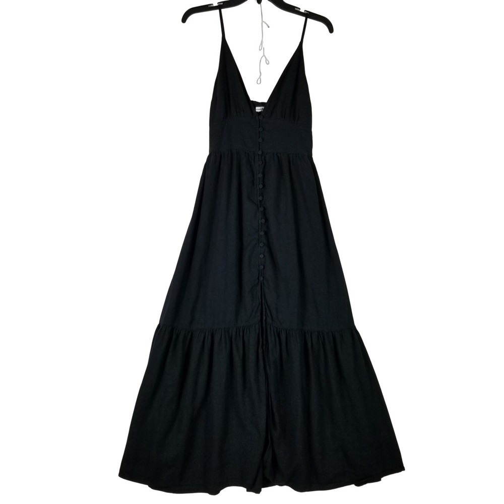 Abercrombie & Fitch Maxi Dress Womens S Black Linen Blend Tiered Button Front